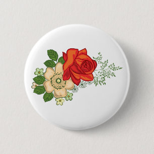 Badge Rond 5 Cm Rose rouge et marguerites