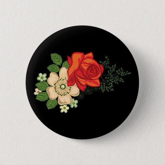 Badge Rond 5 Cm Rose rouge et marguerites Arrière - plan noir (Devant)
