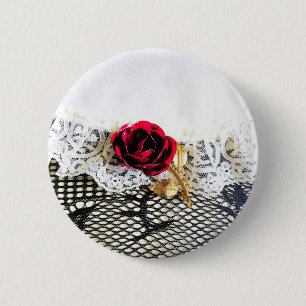 Badge Rond 5 Cm Rose rouge romantique et dentelle blanche