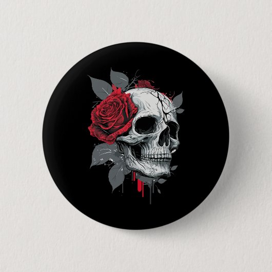 Badge Rond 5 Cm Rose Skeleton Skull main rouge Fleur Rose (Devant)