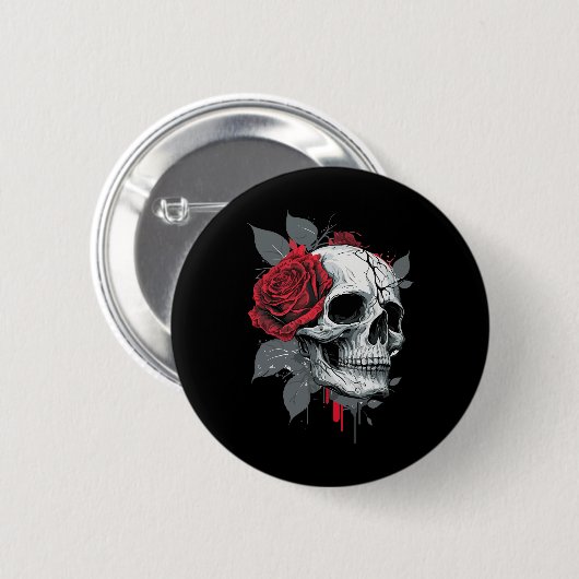 Badge Rond 5 Cm Rose Skeleton Skull main rouge Fleur Rose (Devant & derrière)