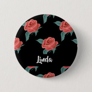Badge Rond 5 Cm Roses roses roses sur noir