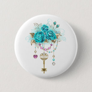 Badge Rond 5 Cm Roses turquoise avec touches