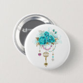 Badge Rond 5 Cm Roses turquoise avec touches (Devant & derrière)