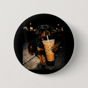 Badge Rond 5 Cm Rottweiler Cool Buvant un Café Glacé Drôle d'Art d