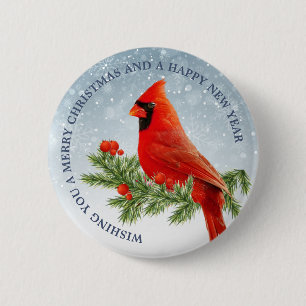 Badge Rond 5 Cm Rouge Cardinal Bird Joyeux Noël bouton
