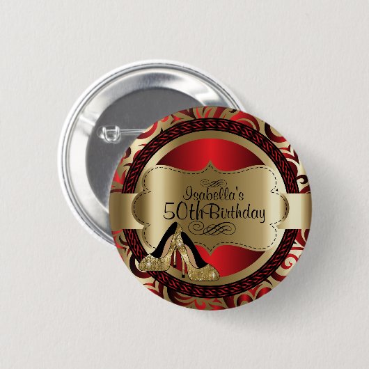Badge Rond 5 Cm Rouge et or 00ème anniversaire avec talons hauts o (Devant & derrière)