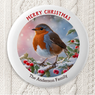 Badge Rond 5 Cm Rouge-gorge de l'hiver nostalgique Joyeux Noël