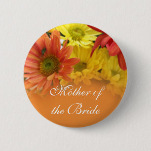 Badge Rond 5 Cm Rouge, jaune, orange fleur marguerite nom du maria