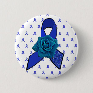Badge Rond 5 Cm Ruban de sensibilisation bleu avec rose et gouttes