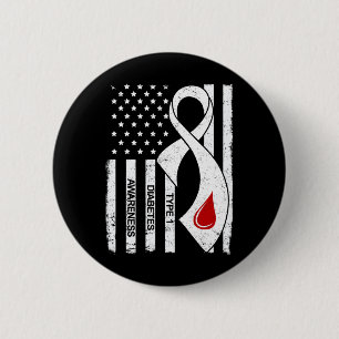 Badge Rond 5 Cm Ruban gris vintage Drapeau américain Type 1 Diabèt