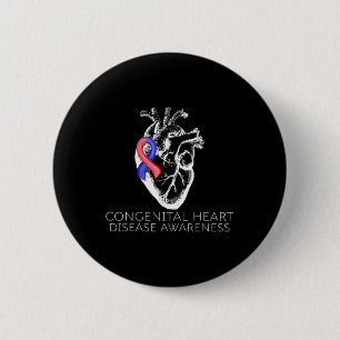 Badge Rond 5 Cm Ruban Rouge Et Bleu Maladie Cardiaque Congénitale 