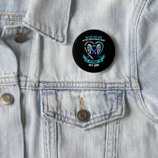 Badge Rond 5 Cm Ruban turquoise et violet de sensibilisation au su (En situation)