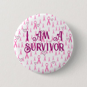 Badge Rond 5 Cm Rubans Roses, Je Suis Un Survivant-Cancer Du Sein_