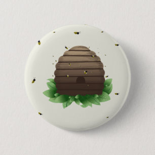 Badge Rond 5 Cm ruche et essaim d'abeilles kawaii