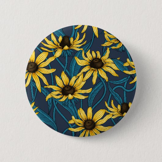 Badge Rond 5 Cm Rudbekia jaune sur la marine (Devant)