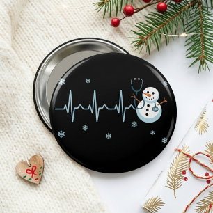 Badge Rond 5 Cm Rythme cardiaque Infirmière Bonhomme de neige Noël