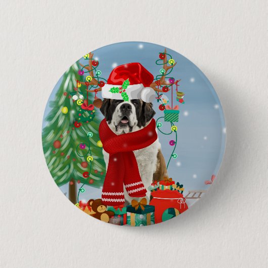 Badge Rond 5 Cm Saint Bernard Chien à Noël de neige (Devant)