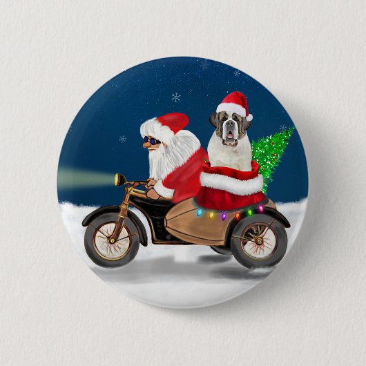 Badge Rond 5 Cm Saint Bernard Chien Noël Père Noël (Devant)