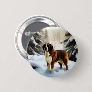 Badge Rond 5 Cm Saint Bernard Laisser Neige Noël