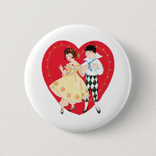 Badge Rond 5 Cm Saint-Valentin rétro, Arlequin et cœur vintage