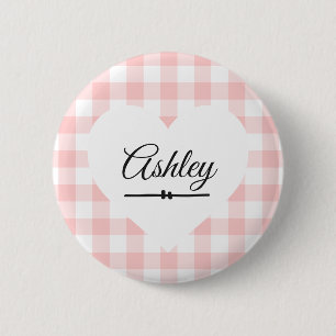 Badge Rond 5 Cm Saint Valentin rose En vichy coeur Personnalisé No