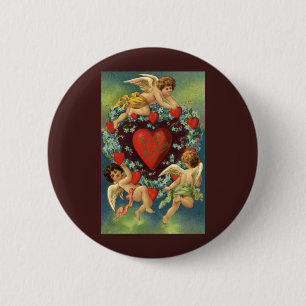 Badge Rond 5 Cm Saint Valentin vintage, Coeurs des anges victorien