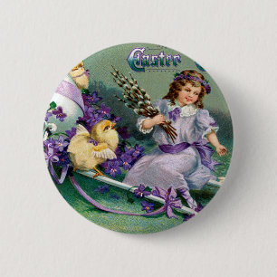 Badge Rond 5 Cm Salutations de Pâques vintages Porte-poussins d'oe