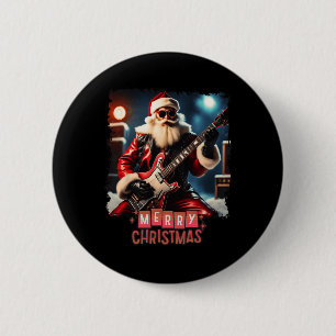 Badge Rond 5 Cm Santa Claus Rock Guitare Joyeux Noël