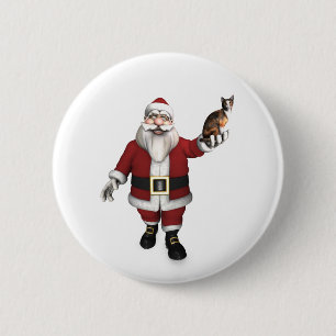 Badge Rond 5 Cm Santa Claus With Calico Cat