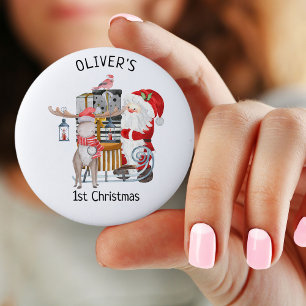 Badge Rond 5 Cm Santa et rennes personnalisés pour le 1er Noël