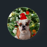 Badge Rond 5 Cm Santa Hat Bulldog Christmas Tree Snowman boîte cad<br><div class="desc">Mignonne photo Bulldog avec boîte cadeau de Noël Tree Snowman en arrière - plan. Un cadeau parfait pour Noël !</div>