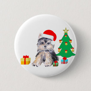 Badge Rond 5 Cm Sapin de Noël, chiot Yorkshire & cadeaux
