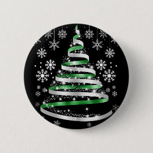 Badge Rond 5 Cm Sapin de Noël Ruban Vert Argent Flocon de Neige Bl