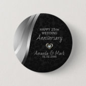 Badge Rond 5 Cm Satin Argent Et Damas Noir (Devant)