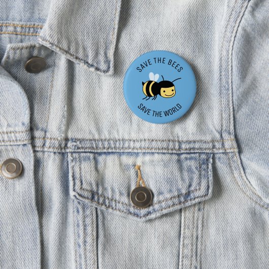 Badge Rond 5 Cm Sauvez les abeilles, Bonne Petite Abeille en bleu (En situation)