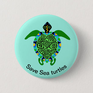 Badge Rond 5 Cm Save SEA TURTLES - Faune - Ocean Aqua