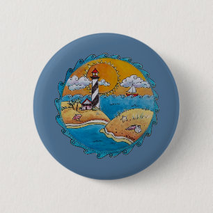 Badge Rond 5 Cm Scène de plage de phare fantaisiste, art folkloriq