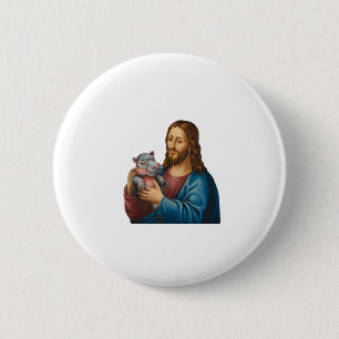 Badge Rond 5 Cm Scène divine et joueuse Jésus avec Moo Deng Hippo