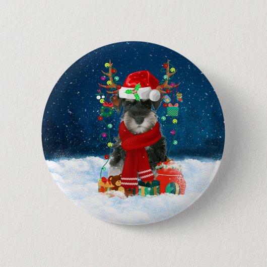 Badge Rond 5 Cm Schnauzer Chien en neige avec cadeaux de Noël (Devant)