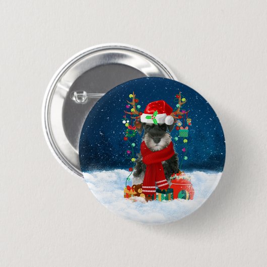 Badge Rond 5 Cm Schnauzer Chien en neige avec cadeaux de Noël (Devant & derrière)