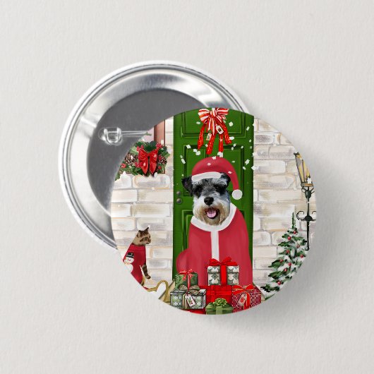 Badge Rond 5 Cm Schnauzer Chien Noël (Devant & derrière)