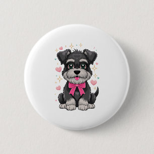Badge Rond 5 Cm Schnauzer mignon à la corne rose entouré de coeurs