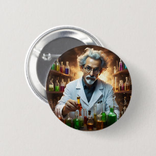 Badge Rond 5 Cm Scientifique Dans Un Laboratoire Mélangeant Des Po