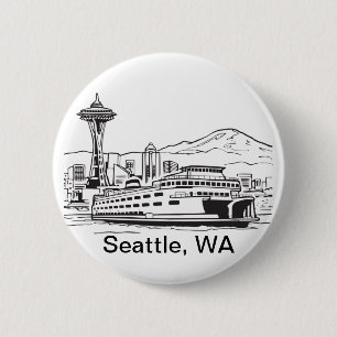 Badge Rond 5 Cm Seattle Ferry Washington State Line Art