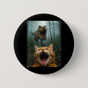 Badge Rond 5 Cm Selfie de chat orange avec T-Rex dinosaure drôle h