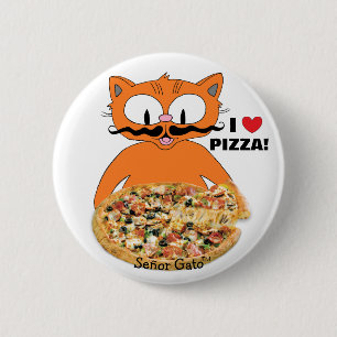 Badge Rond 5 Cm Señor Gato Cartoon Mustache Cat I Love Pizza!