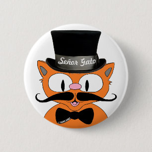 Badge Rond 5 Cm Señor Gato™ Moustache Chapeau Melon et Nœud Papill