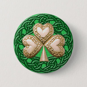 Badge Rond 5 Cm Shamrock Or Sur Bouton Noeuds Celtiques