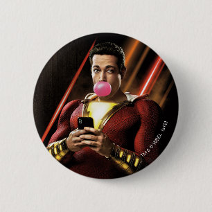 Badge Rond 5 Cm SHAZAM !   Shazam soufflant la bulle gomme